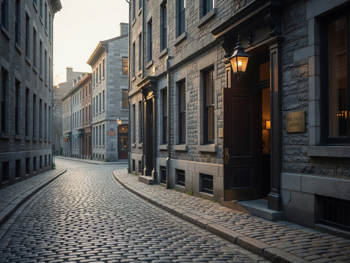 Historic cobblestone street near a boutique hotel in Montreal