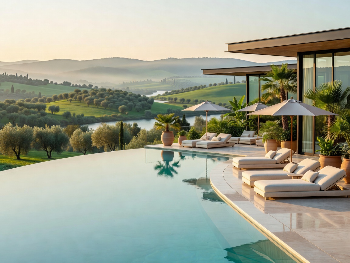 Luxury resort pool area overlooking a landscape