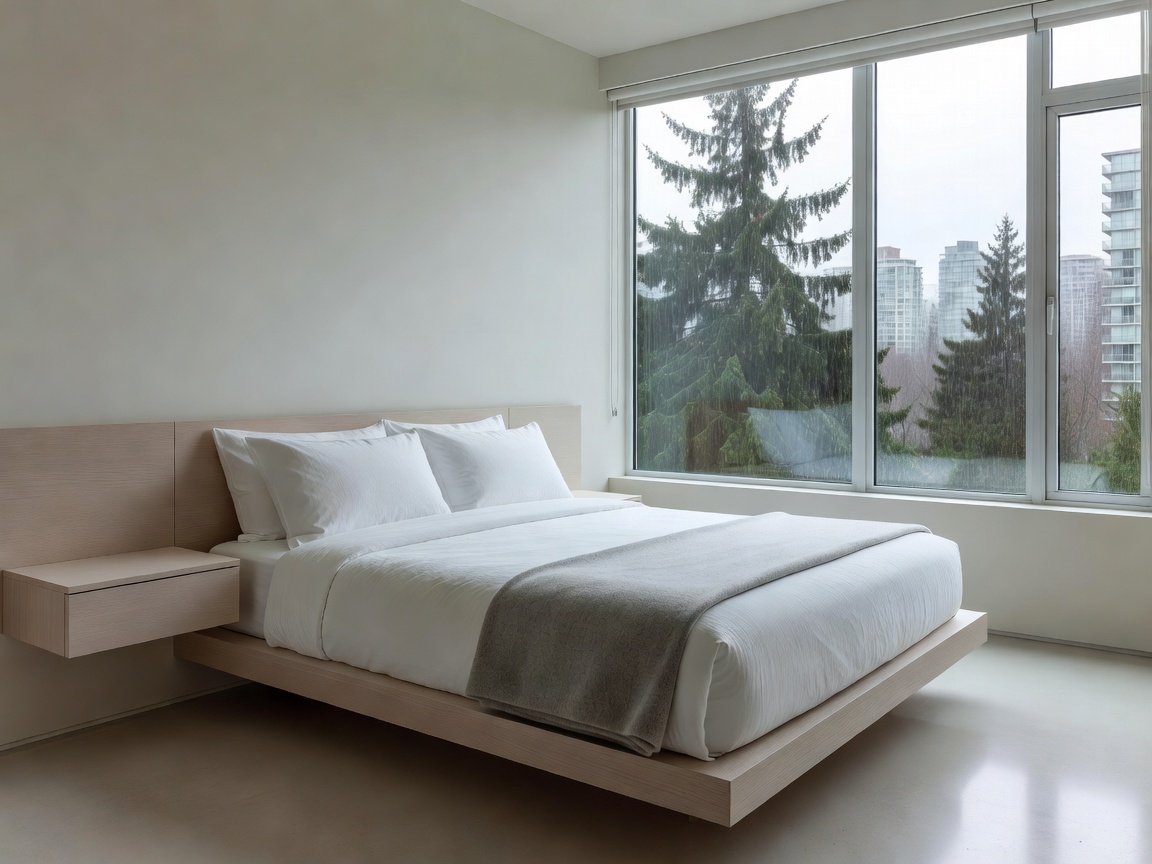 Minimalist hotel bedroom interior with natural light in Vancouver
